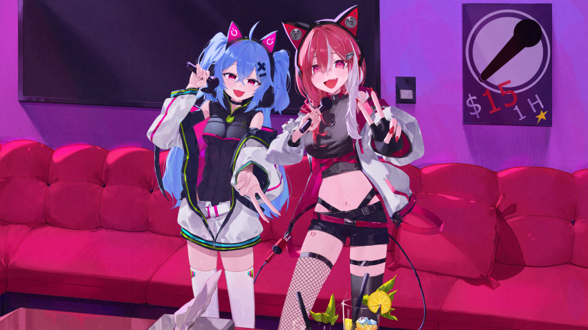 2girls, absurdres, ahoge, animal_ear_headphones, animal_ears, asymmetrical_legwear, belly, belt