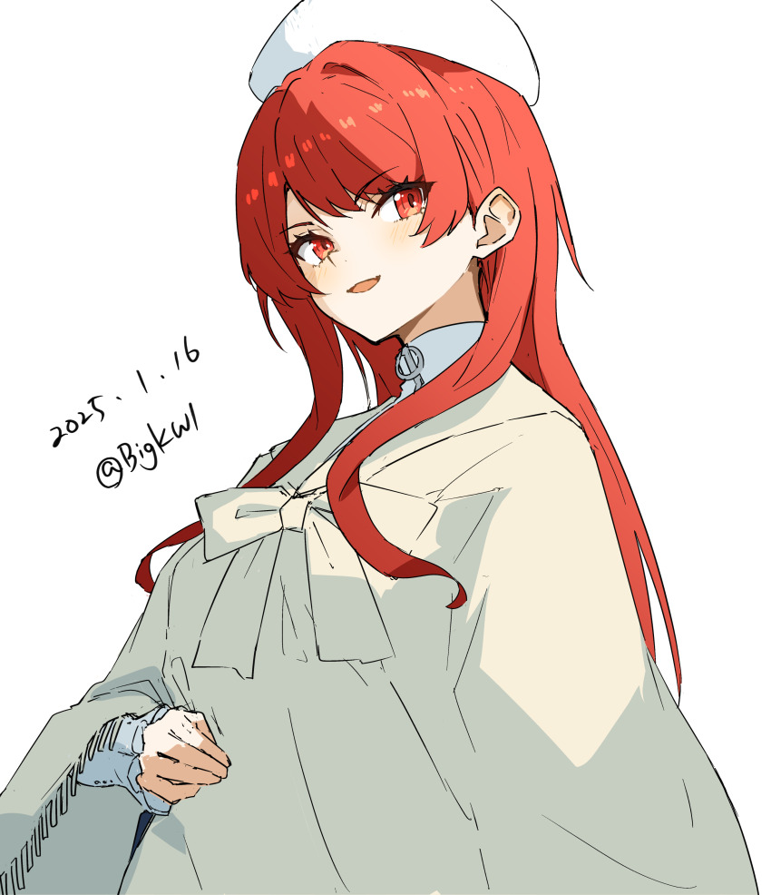 1girl, absurdres, beret, bigkwl, coat, dated, hair_over_shoulder, hat