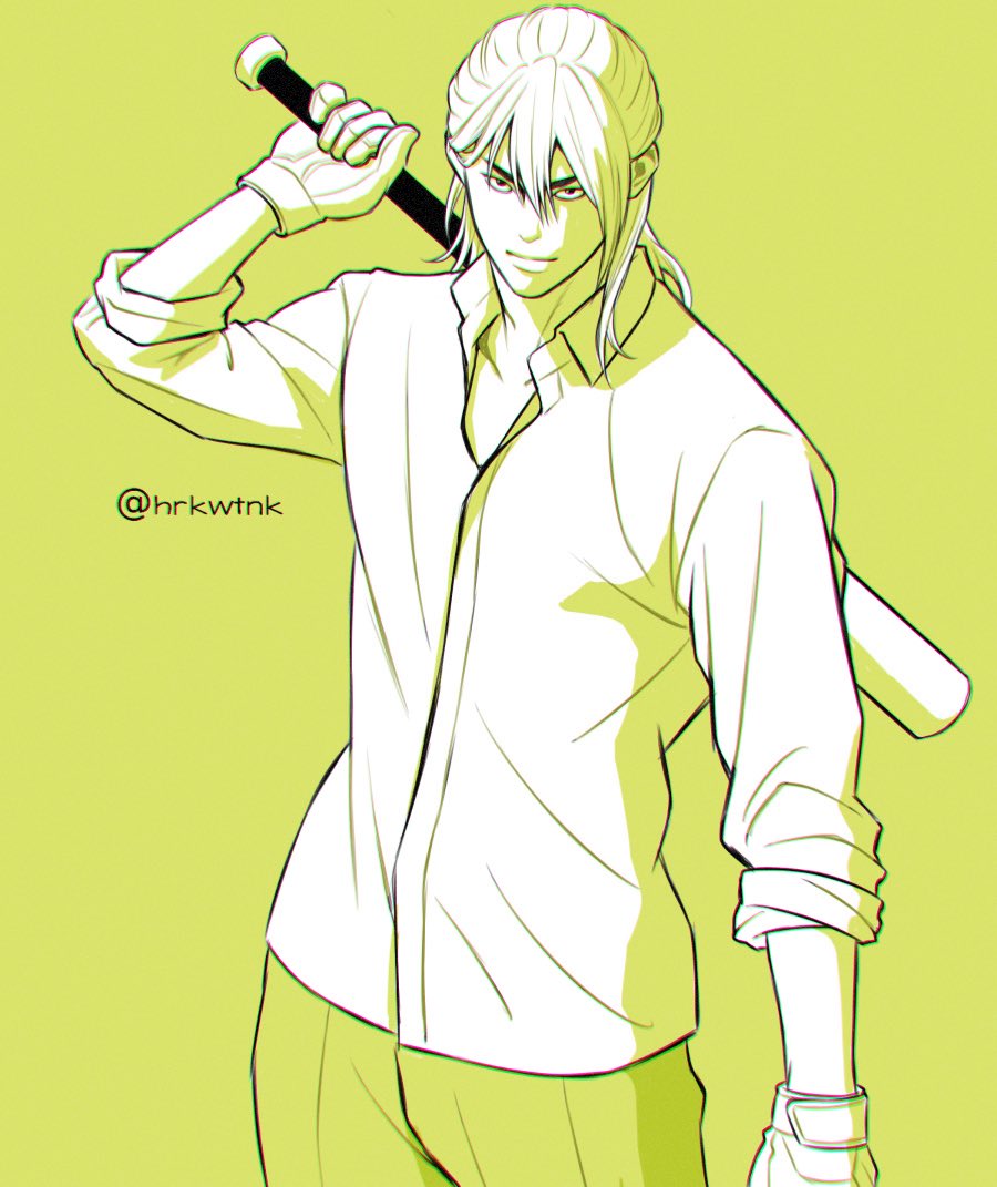 1boy, baseball_bat, boukyaku_battery, gloves, hair_between_eyes, holding, holding_baseball_bat, hrkwtnk_(horikawa), long_hair, looking_at_viewer, male_focus, monochrome, serious, shirt, solo, standing, todo_aoi_(boukyaku_battery), twitter_username, yellow_background, yellow_theme