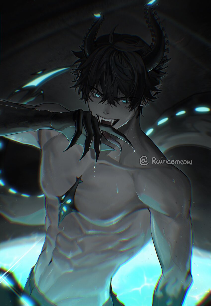 1boy, abs, ahoge, artist_name, asymmetrical_horns, black_hair, black_horns, black_skin