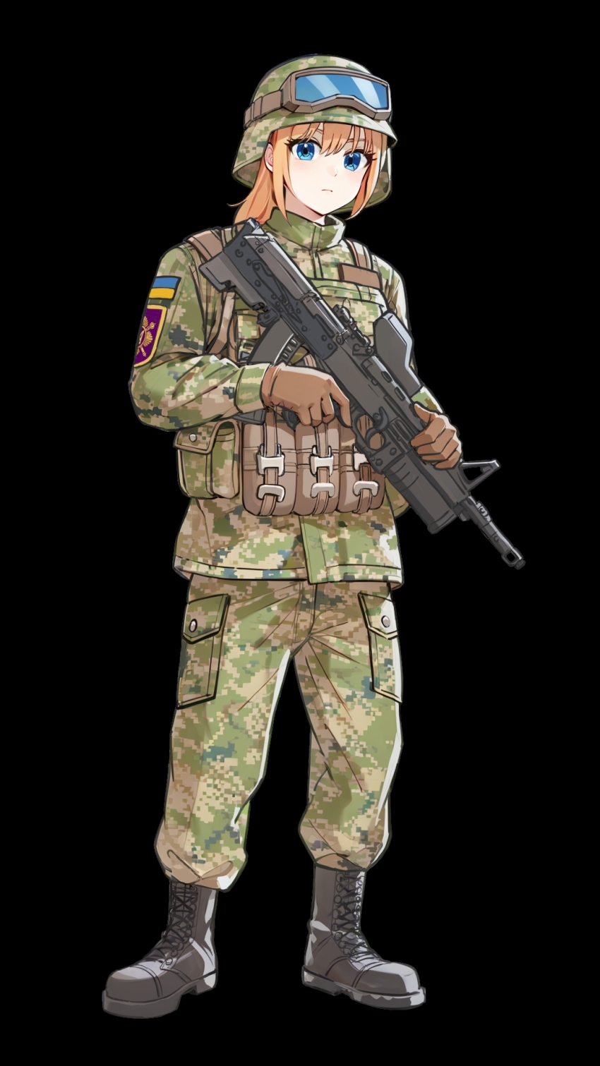 1girl, black_background, blue_eyes, boots, brown_gloves, bullpup, camouflage, digital_camouflage