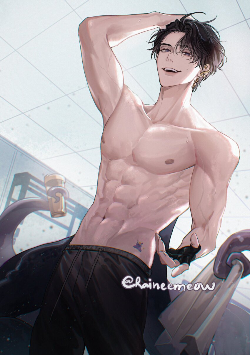 1boy, abs, algorhythm_project, arm_up, artist_name, biceps, black_gloves, black_hair, black_pants, blurry, blurry_background, bottle, ceiling, chromatic_aberration, collarbone, commentary_request, drawstring, earclip, earrings, fingerless_gloves, gloves, gold_earrings, highres, holding, holding_bottle, holding_towel, indoors, jewelry, light_particles, looking_at_viewer, male_focus, navel, nipples, open_mouth, pants, parted_bangs, pectorals, purple_eyes, raineemeow, schneider_(algorhythm_project), short_hair, smile, solo, standing, stomach, sweat, teeth, tentacles, thai_commentary, tile_ceiling, tiles, towel, twitter_username, upper_teeth_only, veins, virtual_youtuber, water_bottle