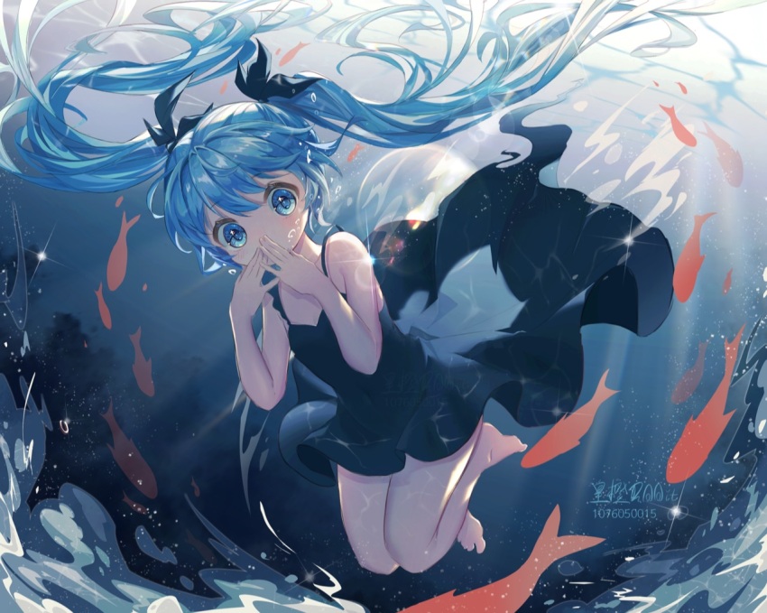 1girl, bare_legs, bare_shoulders, black_dress, blue_eyes, blue_hair, commentary_request, covering_own_mouth