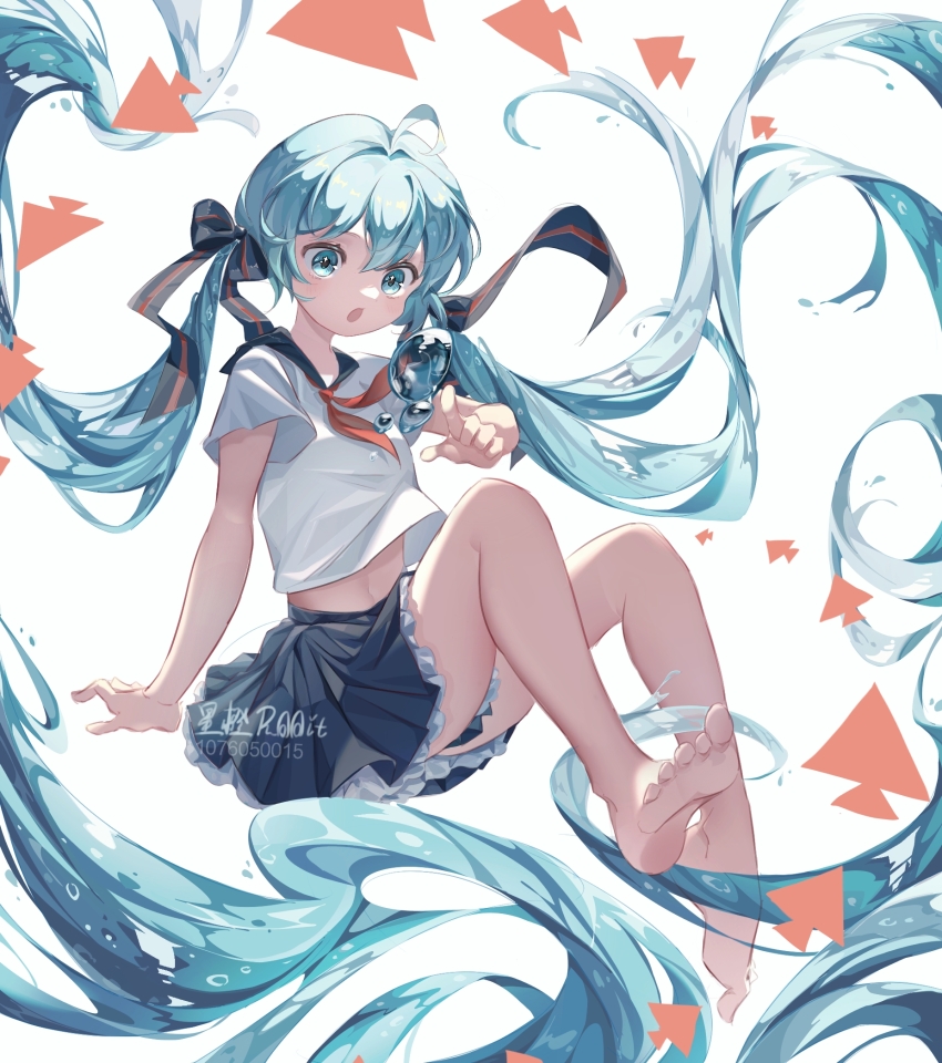 1girl, absurdly_long_hair, bare_legs, barefoot, black_skirt, commentary_request, green_eyes, green_hair, hatsune_miku, highres, long_hair, looking_at_another, neckerchief, open_mouth, pleated_skirt, red_neckerchief, school_uniform, shatang_wei_xing_cheng, shirt, short_sleeves, sitting, skirt, solo, toes, very_long_hair, vocaloid, water, white_shirt