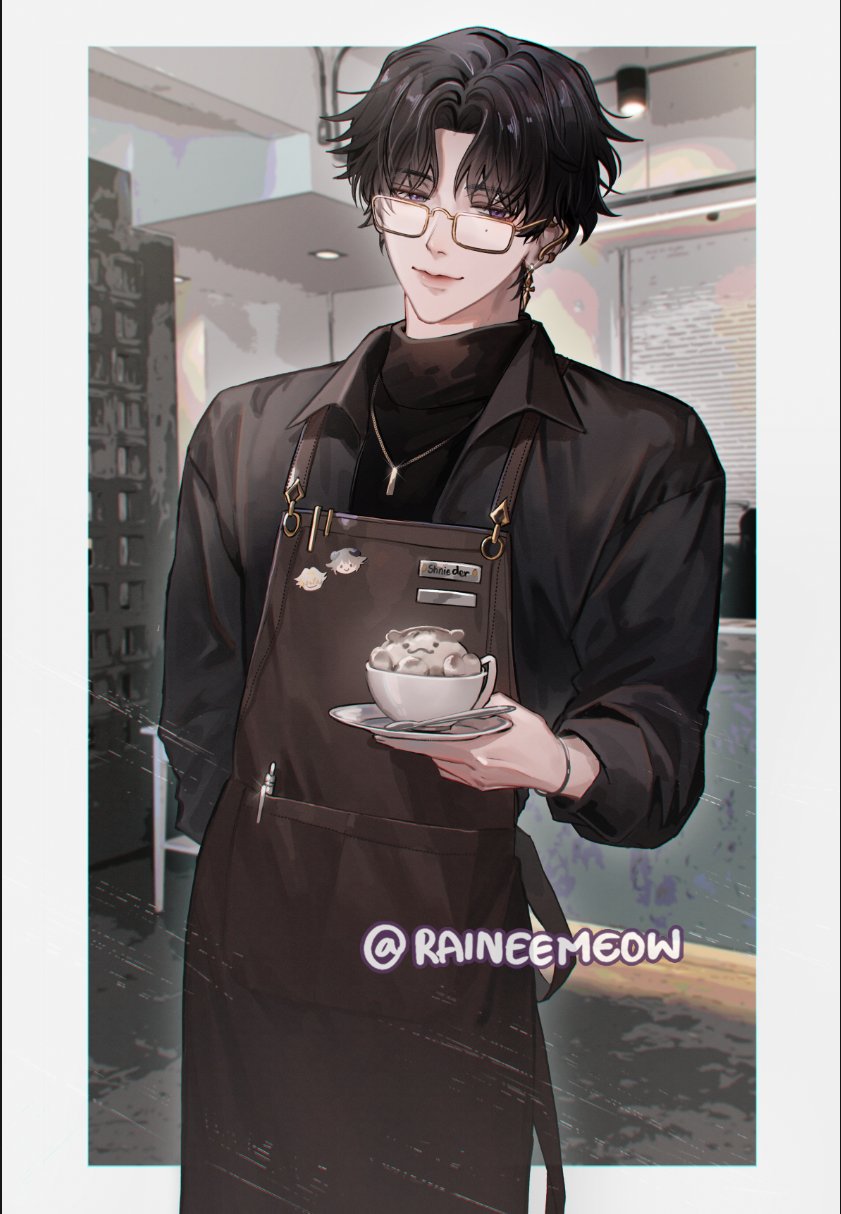 1boy, algorhythm_project, apron, arm_behind_back, artist_name, baabel_(algorhythm_project), black_hair, black_shirt