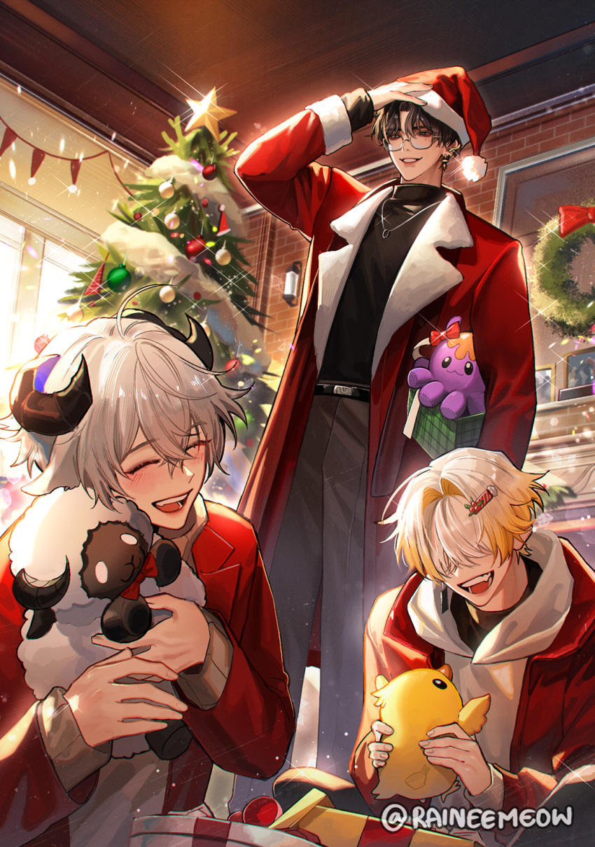 3boys, :d, ^_^, algorhythm_project, animal_ears, arm_up, artist_name, baabel_(algorhythm_project)