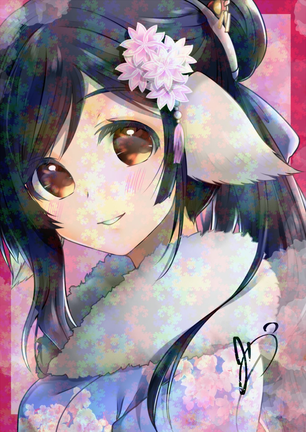 1girl, adversarial_noise, black_hair, border, brown_eyes, floral_print, floral_print_kimono, highres, kuon_(utawarerumono), looking_at_viewer, outside_border, parted_bangs, pink_background, pink_border, print_kimono, signature, smile, solo, soyokaze_(breezefu00), upper_body, utawarerumono