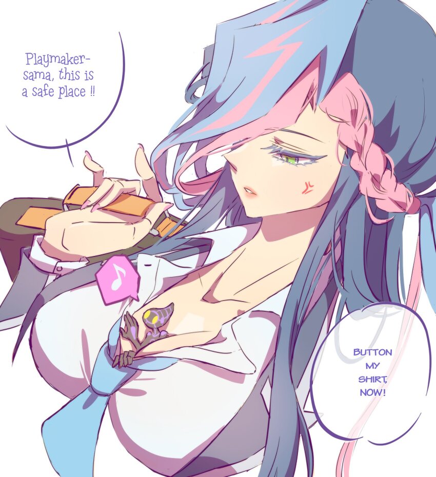 1boy, 1girl, ai_(yu-gi-oh!), blue_hair, breasts, cellphone, cleavage, commentary, english_commentary, english_text, fujiki_yusaku, genderswap, genderswap_(mtf), green_eyes, highres, holding, holding_phone, large_breasts, long_hair, multicolored_hair, phone, pink_hair, shirt, simple_background, smartphone, solo_focus, speech_bubble, two-tone_hair, upper_body, white_background, white_shirt, yu-gi-oh!, yu-gi-oh!_vrains, zackpyo