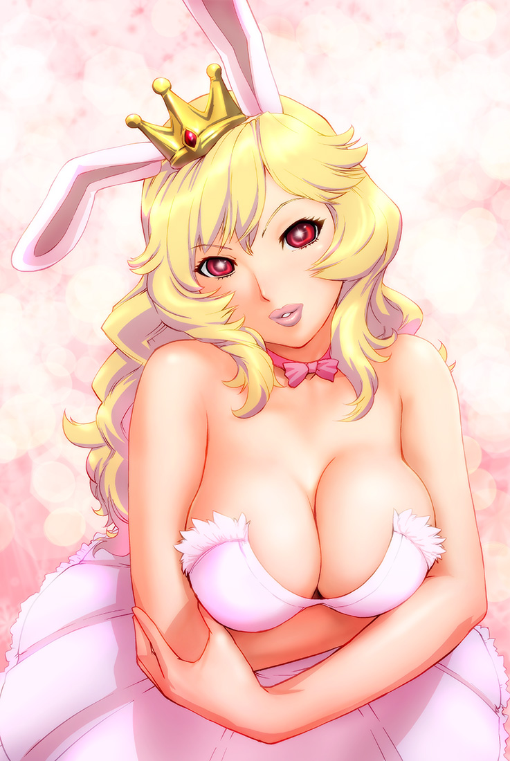 1girl, ac_japan, aisatsu_no_mahou, animal_ears, arigato_usagi, blonde_hair, breasts, cleavage, crown, dress, female_focus, large_breasts, lips, lipstick, long_hair, makeup, personification, rabbit_ears, red_eyes, solo, ueyama_michirou