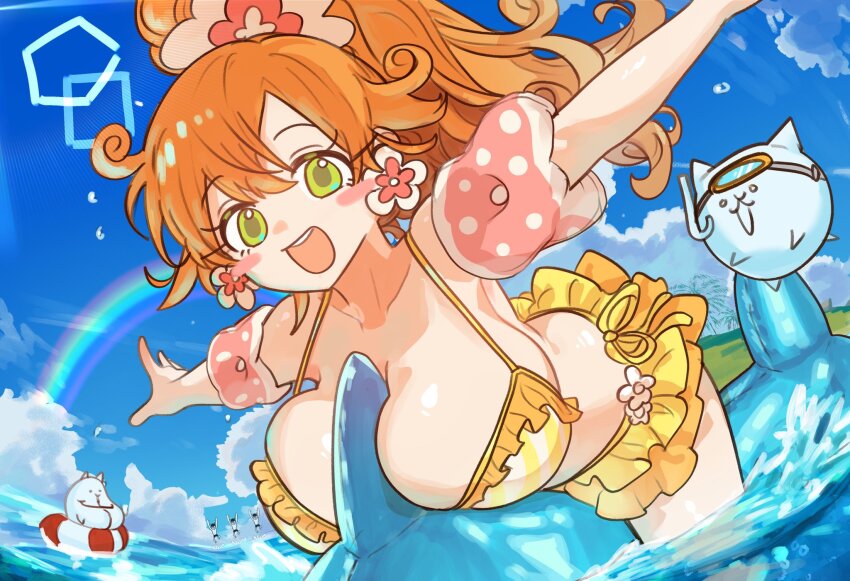 1girl, bare_shoulders, bikini, blue_sky, blush, breasts, cleavage, ebora, frilled_bikini, frills, green_eyes, highres, kai_(nyanko_daisensou), large_breasts, long_hair, looking_at_viewer, nyanko_daisensou, ocean, open_mouth, orange_hair, ponytail, rainbow, sidelocks, sky, smile, solo, swimsuit, yellow_bikini