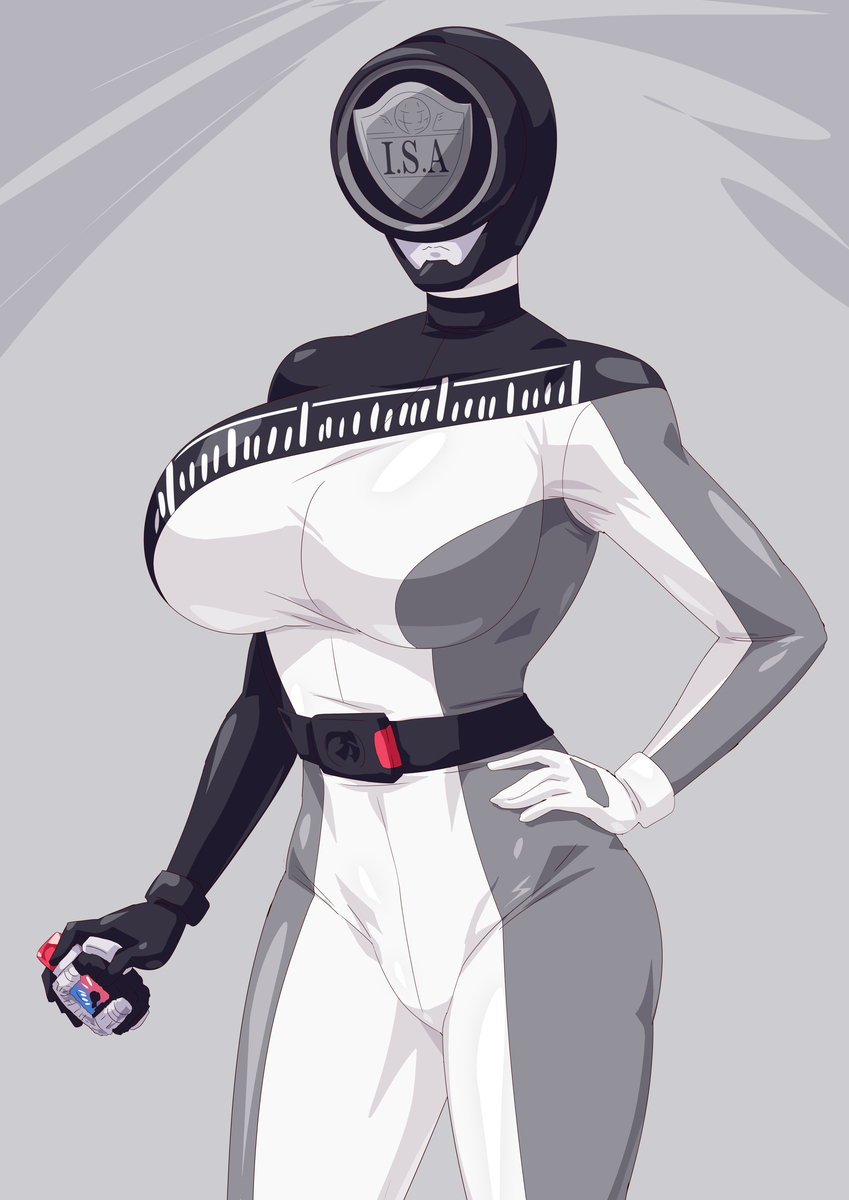 1girl, alternate_breast_size, bakuage_sentai_boonboomger, black_hair, black_helmet, bodysuit, breasts, bun_black, glasses, grey_eyes, hand_on_own_hip, helmet, highres, large_breasts, otokamu, saibu_shirabe, solo, super_sentai