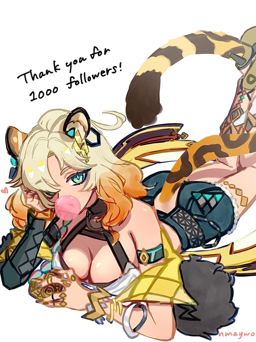 1girl, animal_ears, artist_name, blonde_hair, blowing_bubble_gum, breasts, chewing_gum, cleavage