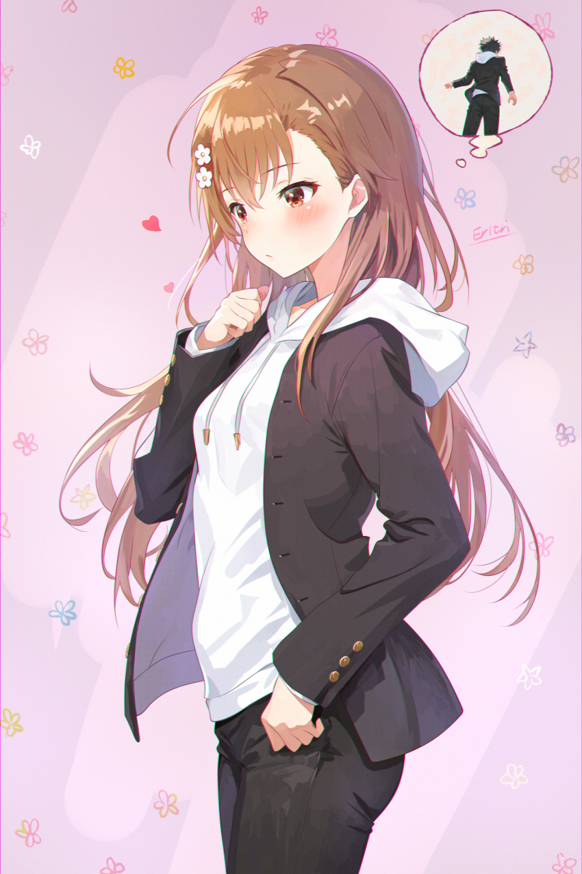 1girl, alternate_hair_length, alternate_hairstyle, asymmetrical_bangs, black_jacket, black_pants, borrowed_clothes, brown_eyes