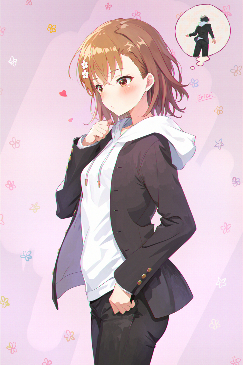 1girl, asymmetrical_bangs, black_jacket, black_pants, borrowed_clothes, brown_eyes, brown_hair, commentary