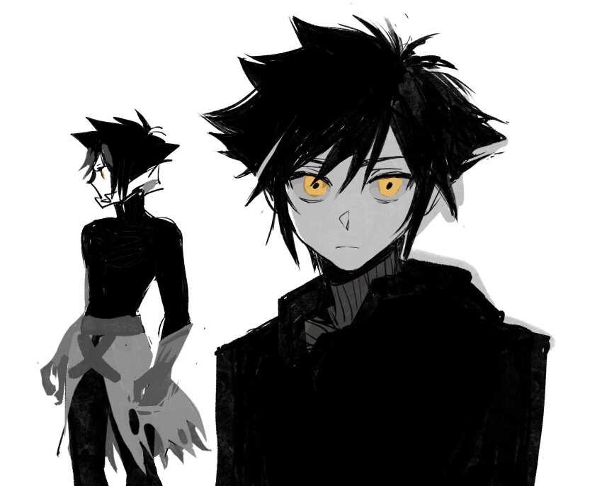 1boy, black_hair, closed_mouth, commentary, english_commentary, gloves, hat_babo, highres, kingdom_hearts, kingdom_hearts_birth_by_sleep, light_frown, looking_to_the_side, male_focus, multiple_views, portrait, shirt, short_hair, spiked_hair, standing, vanitas_(kingdom_hearts), void_gear, white_background, yellow_eyes