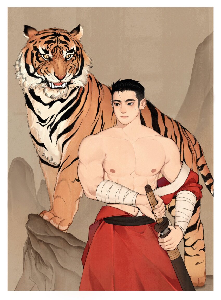 1boy, arm_wrap, bara, black_eyes, black_hair, chioneoc, cowboy_shot, highres