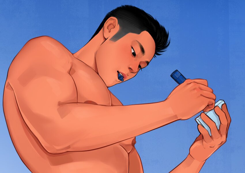 1boy, bara, black_hair, blue_background, chioneoc, from_below, gradient_background, highres