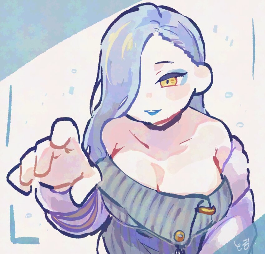 1girl, black_choker, blue_eyeshadow, blue_lips, breasts, choker, coat, dress, eyeshadow, fate/grand_order, fate_(series), grey_dress, grey_hair, hair_over_one_eye, highres, large_breasts, long_hair, looking_to_the_side, makeup, nanakamadomugi, hebi_nyoubou_(fate), open_clothes, open_coat, simple_background, smile, solo, standing, strapless, strapless_dress, teeth, white_coat, yellow_eyes