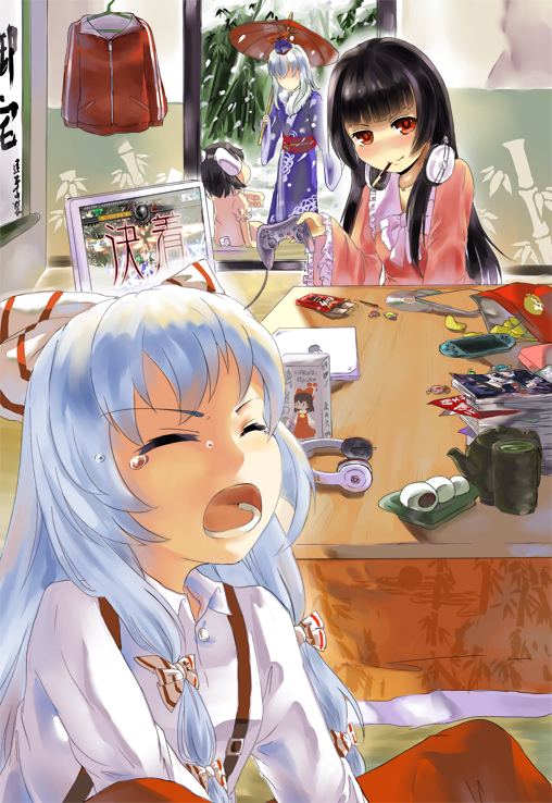 4girls, animal_ears, black_hair, blush, braid, candy, chips_(food), cirno
