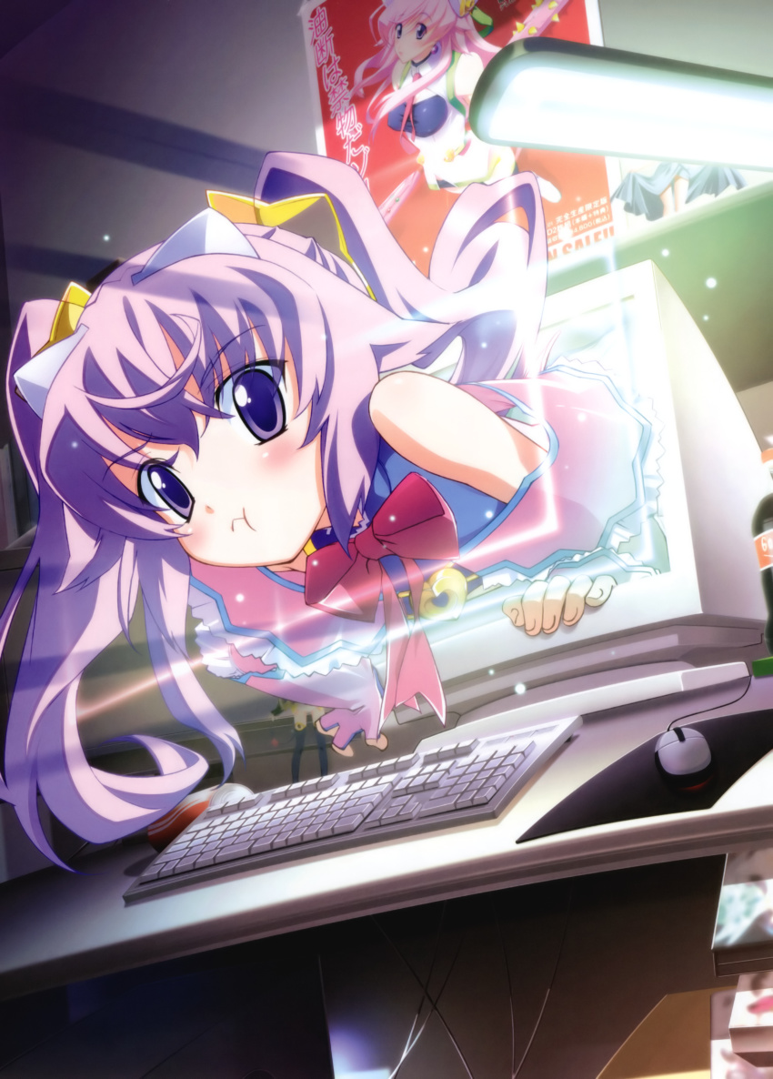 00s, 1girl, :t, absurdres, blood_tune, chaos;head, chaos;head_love_chu_chu!, computer, computer_keyboard, computer_mouse, erin-fray_orgel, female_focus, highres, matsuo_yukihiro, monitor, mouse_(animal), purple_eyes, purple_hair, science_adventure, seira_orgel, solo, through_medium, through_screen, twintails