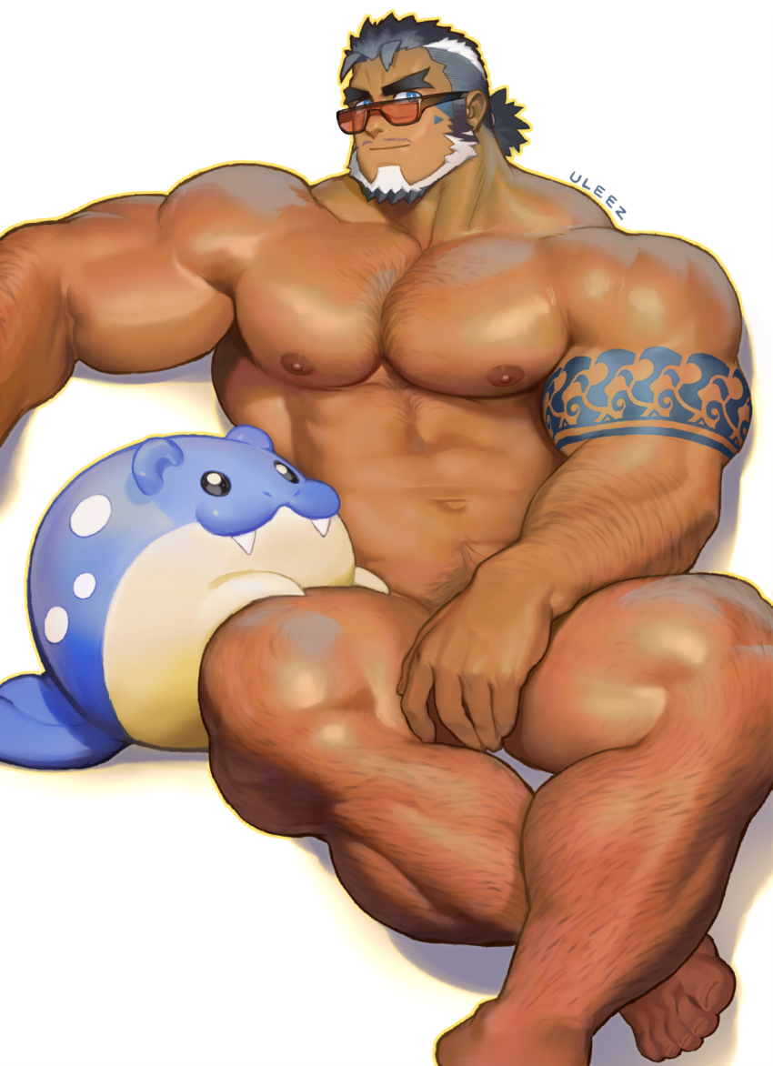 1boy, abs, arm_hair, arm_tattoo, bara, beard, biceps, blue_eyes