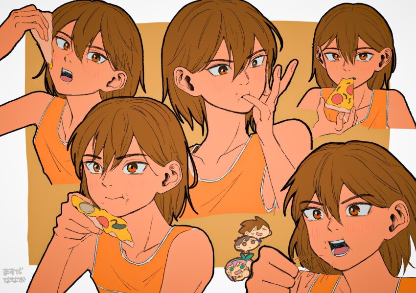 1girl, 3boys, aubrey_(faraway)_(omori), aubrey_(omori), brown_eyes, brown_hair, chibi, closed_mouth, collarbone, dark-skinned_male, dark_skin, food, hero_(faraway)_(omori), hero_(omori), holding, holding_food, kel_(faraway)_(omori), kel_(omori), looking_at_viewer, male_focus, msdnno_kabe, multiple_boys, omori, open_mouth, pizza, pizza_slice, short_hair, sunny_(omori), teeth, upper_teeth_only