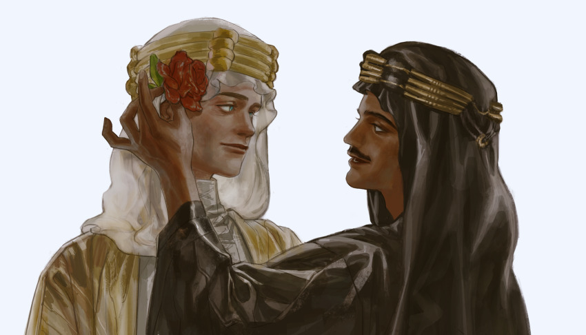 2boys, black_hair, blonde_hair, blue_eyes, dark-skinned_male, dark_skin, eye_contact, facial_hair