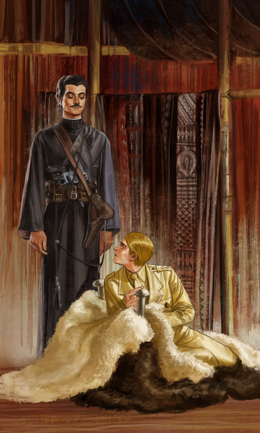 2boys, black_hair, blonde_hair, dark-skinned_male, dark_skin, eye_contact, facial_hair, gun, highres, holster, indoors, lawrence_of_arabia, looking_at_another, looking_down, looking_up, male_focus, mature_male, military_uniform, multiple_boys, mustache, rora_(auroradiation), sherif_ali, short_hair, shoulder_holster, sitting, smile, t._e._lawrence, thick_mustache, weapon