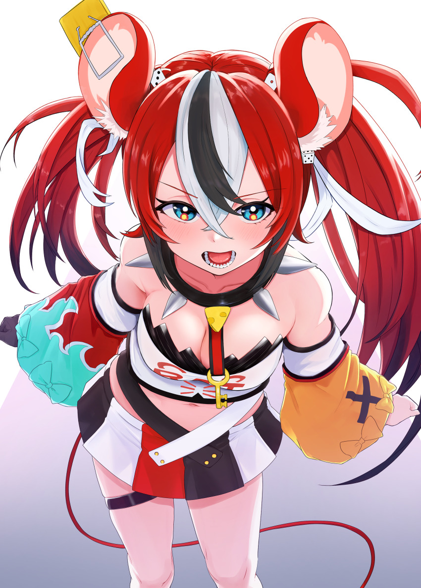 1girl, absurdres, animal_ears, asymmetrical_sleeves, black_gloves, black_hair, black_skirt, blue_eyes