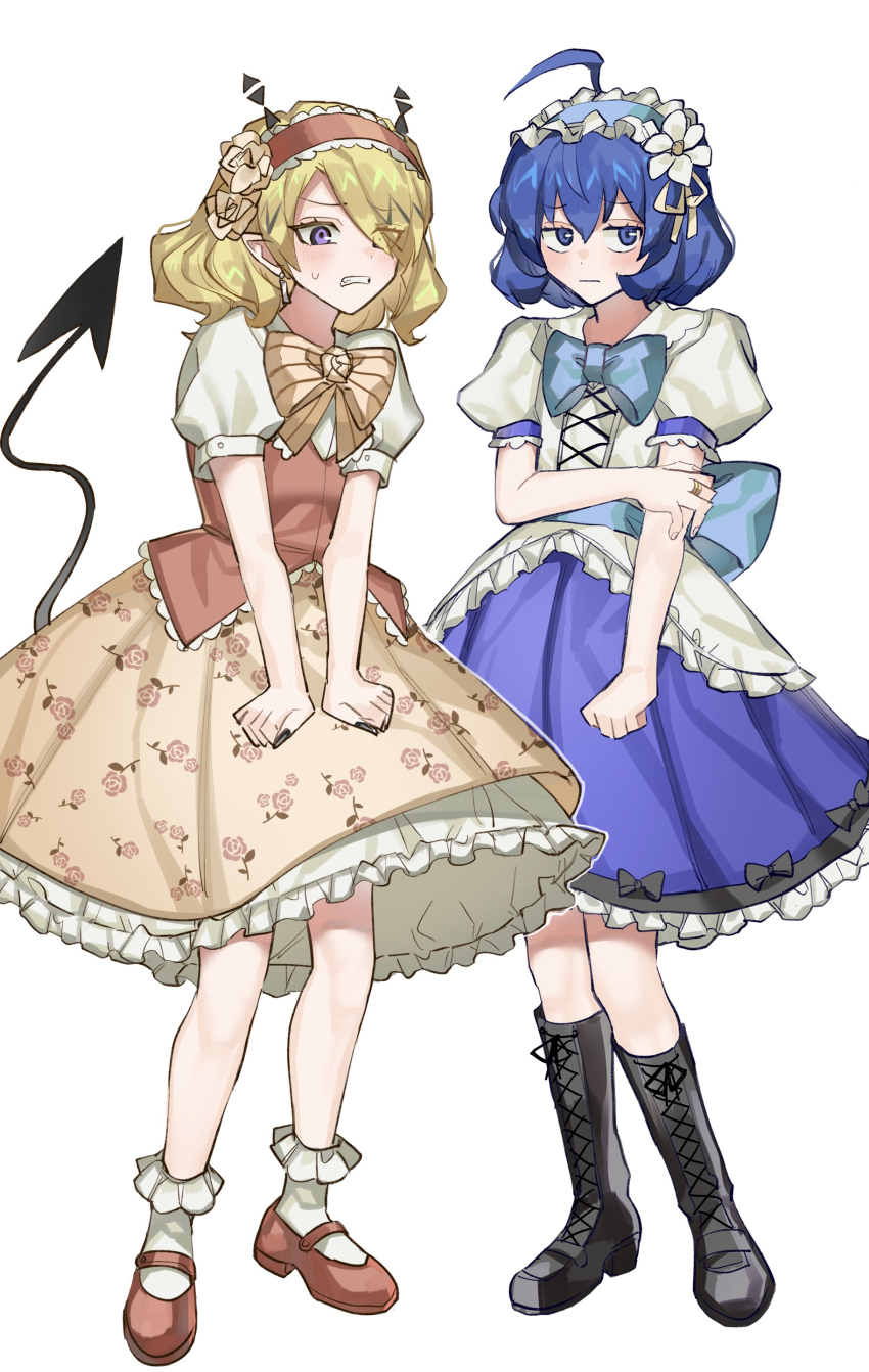 2boys, absurdres, black_footwear, blonde_hair, blue_bow, blue_eyes, blue_hair, blue_headband