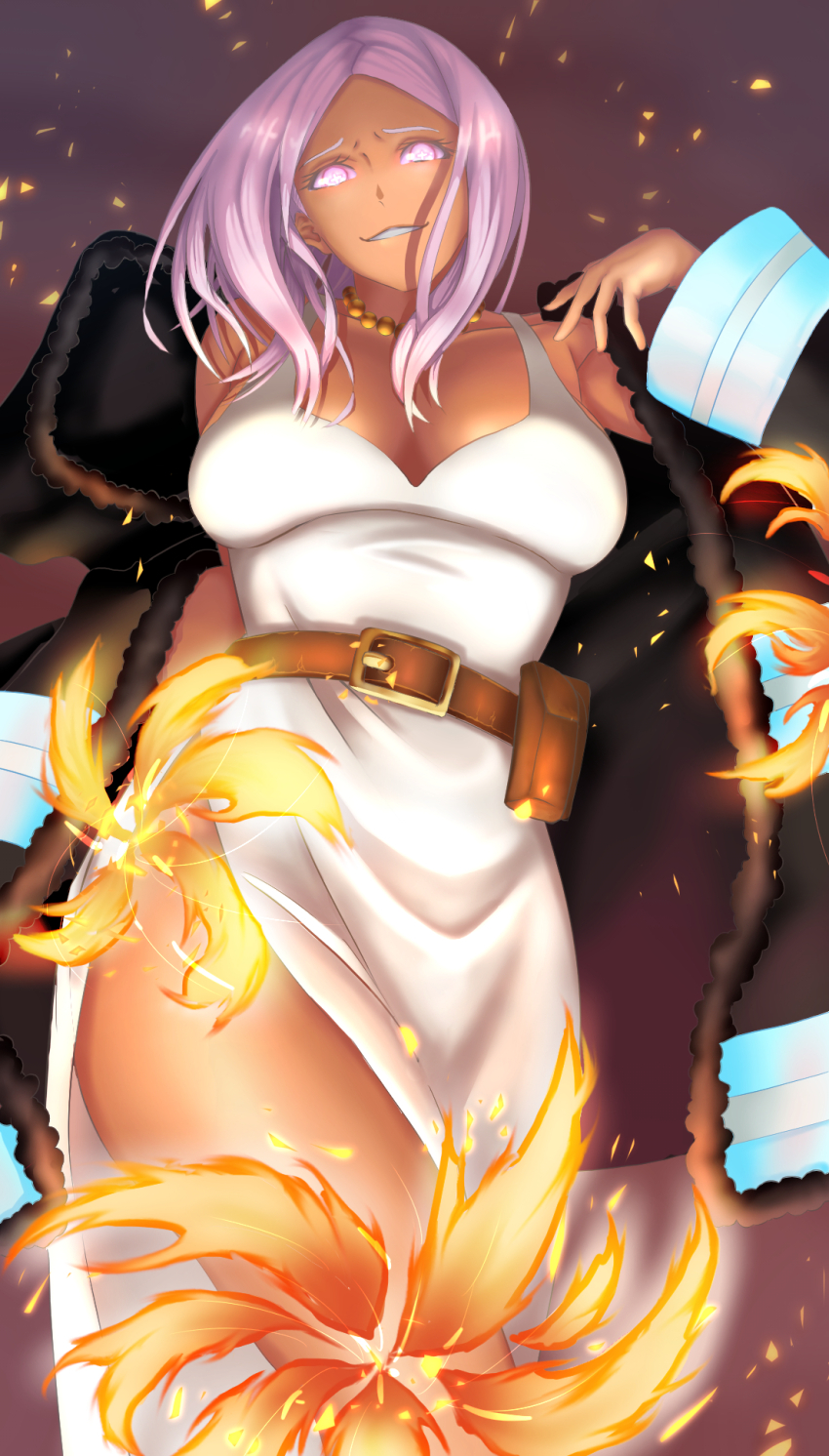 1girl, belt, black_jacket, breasts, brown_belt, dark-skinned_female, dark_skin, dress