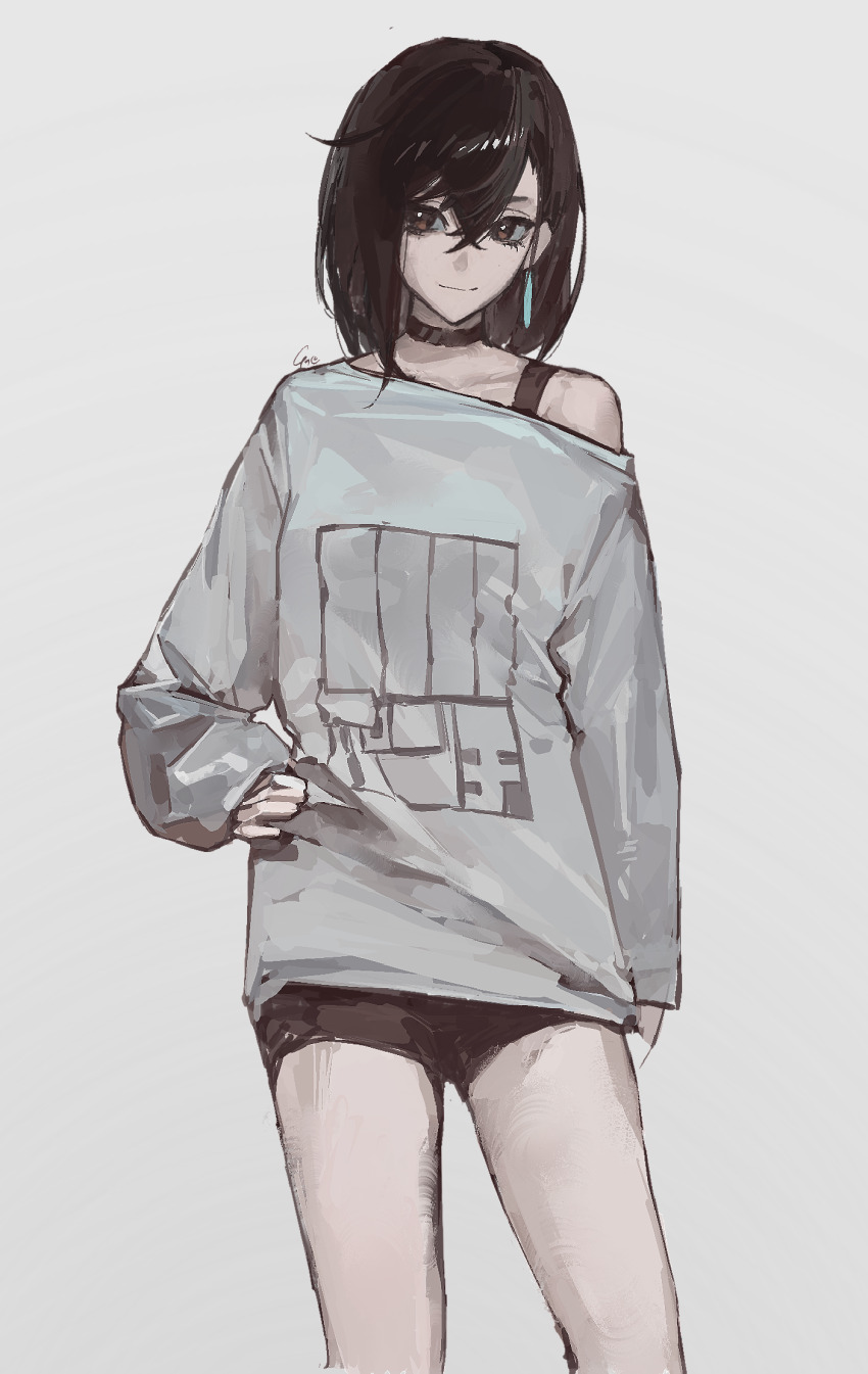 1girl, alariess, ayase_momo, black_choker, black_hair, black_shorts, bra_strap, chinese_commentary, choker, commentary_request, cowboy_shot, crossed_bangs, dandadan, earrings, hair_between_eyes, hand_on_own_hip, highres, jewelry, long_sleeves, off_shoulder, short_shorts, shorts, signature, simple_background, solo, sweater, white_background, white_sweater