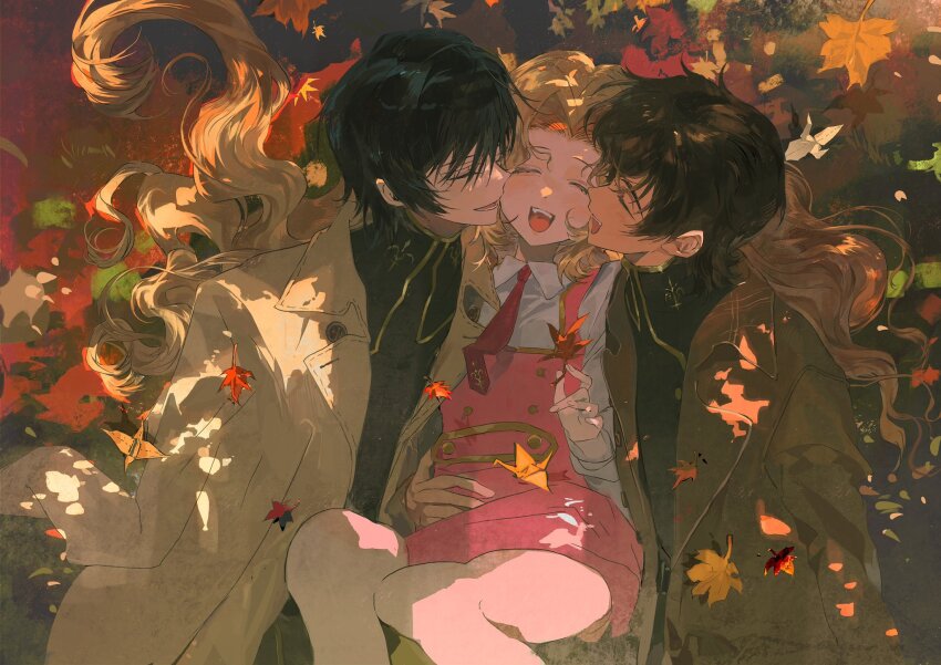 1girl, 2boys, ^_^, autumn, autumn_leaves, black_hair, black_shirt, blush, brother_and_sister, brown_coat, brown_hair, buttons, cheek-to-cheek, closed_eyes, coat, code_geass, collared_shirt, dappled_sunlight, day, dress, flat_chest, forehead, from_above, hair_intakes, hair_spread_out, hand_up, happy, heads_together, highres, holding, holding_leaf, knees_up, kururugi_suzaku, leaf, lelouch_vi_britannia, long_hair, long_sleeves, lying, multiple_boys, necktie, nunnally_vi_britannia, on_back, on_ground, on_side, open_clothes, open_coat, open_mouth, origami, outdoors, paper_crane, pinafore_dress, pink_dress, red_necktie, school_uniform, shankouya, shirt, short_dress, short_hair, siblings, sidelocks, sleeveless, sleeveless_dress, smile, sunlight, teeth, tongue, turtleneck, u_u, white_coat, white_shirt