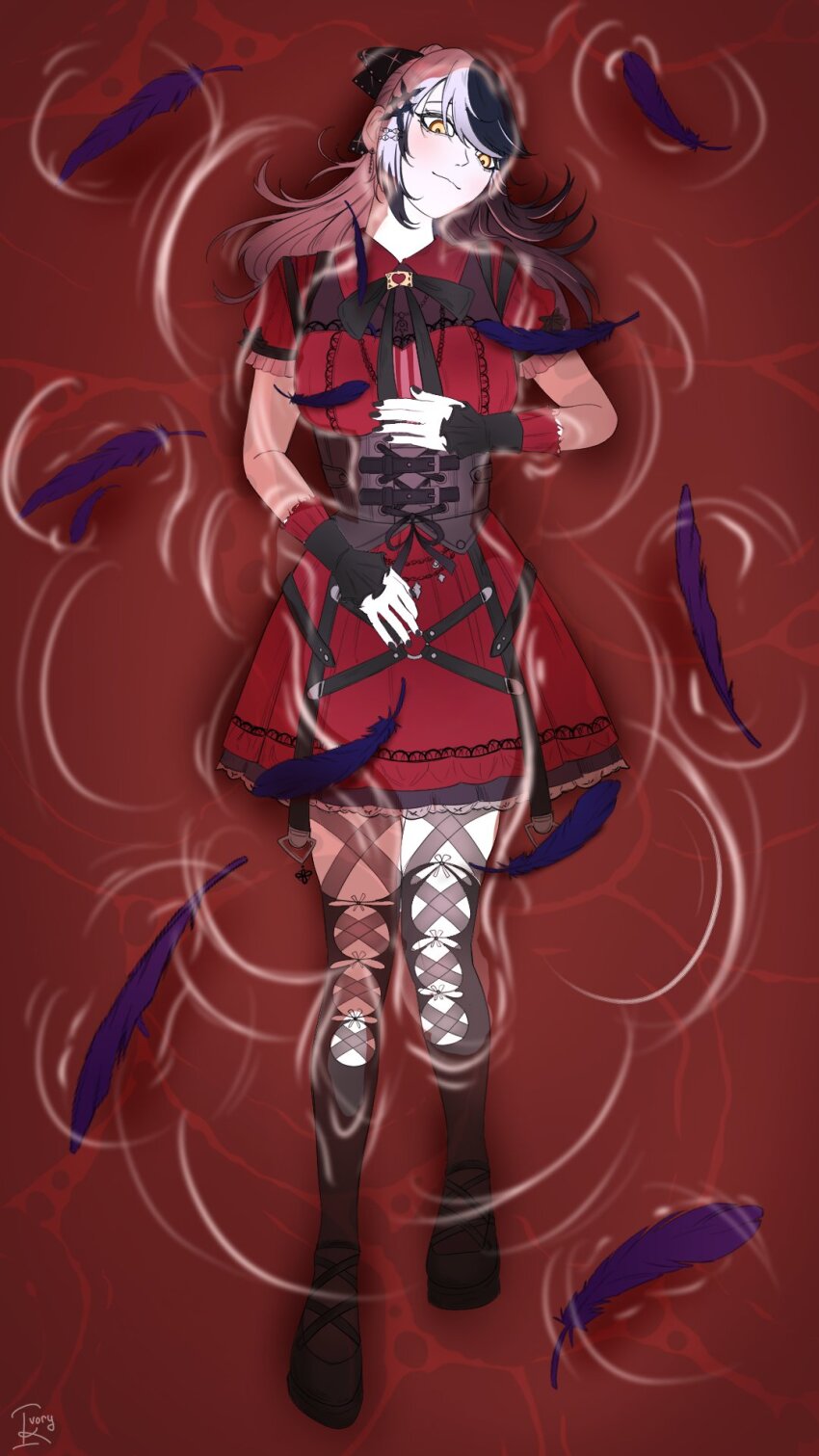 1girl, black_corset, black_footwear, black_hair, black_nails, black_ribbon, closed_mouth, corset, dress, feathers, grey_hair, grey_thighhighs, hair_ornament, hair_ribbon, highres, hololive, hololive_english, ivory_le_(ivoryk2510), long_hair, looking_at_viewer, lying, multicolored_hair, neck_ribbon, on_back, red_dress, ribbon, shiori_novella, shiori_novella_(casual), solo, split-color_hair, thighhighs, two-tone_hair, virtual_youtuber, yellow_eyes