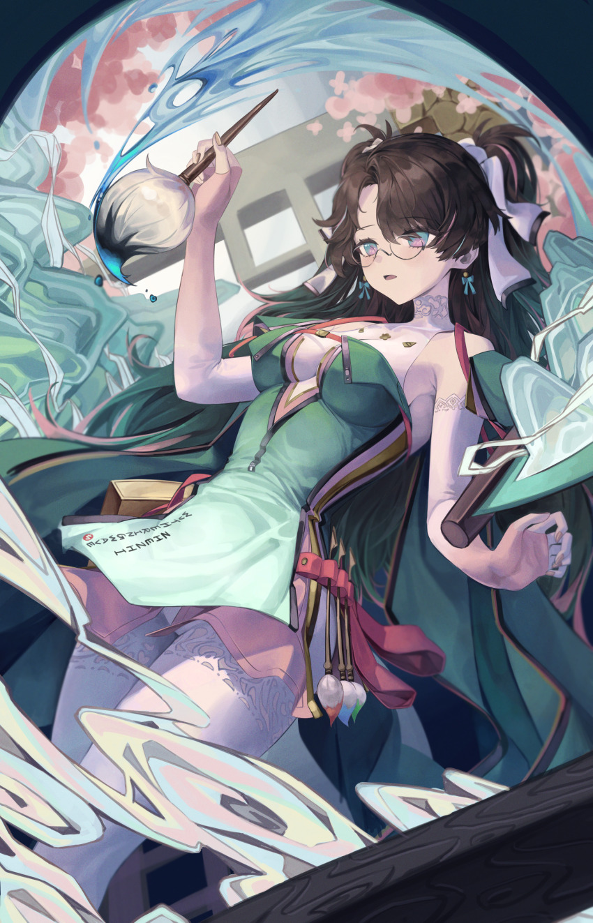 1girl, absurdres, bare_shoulders, blue_eyes, bodystocking, bokk_eouh, breasts, brown_hair