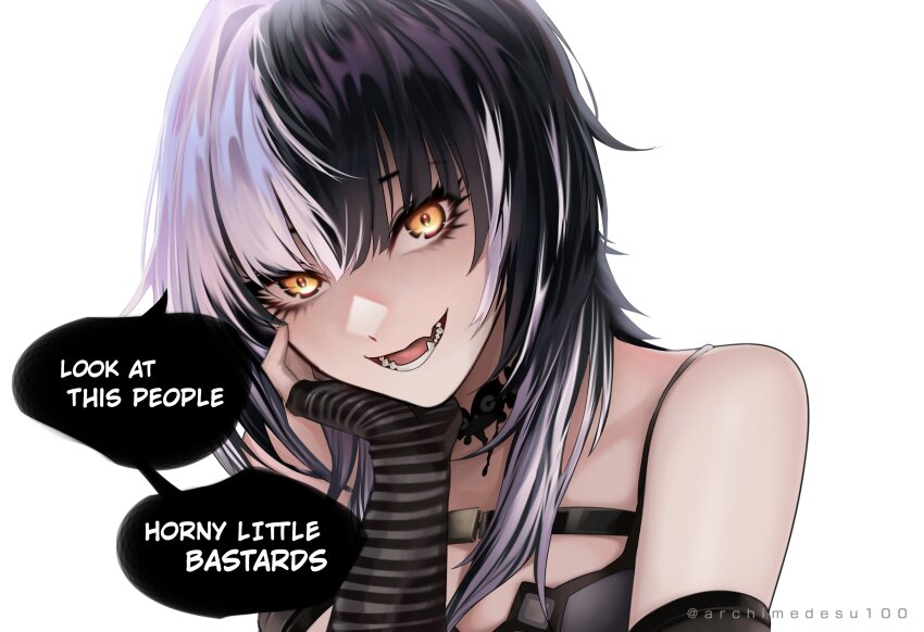 1girl, absurdres, archimedesu99, arm_warmers, black_arm_warmers, black_hair, english_text, fang