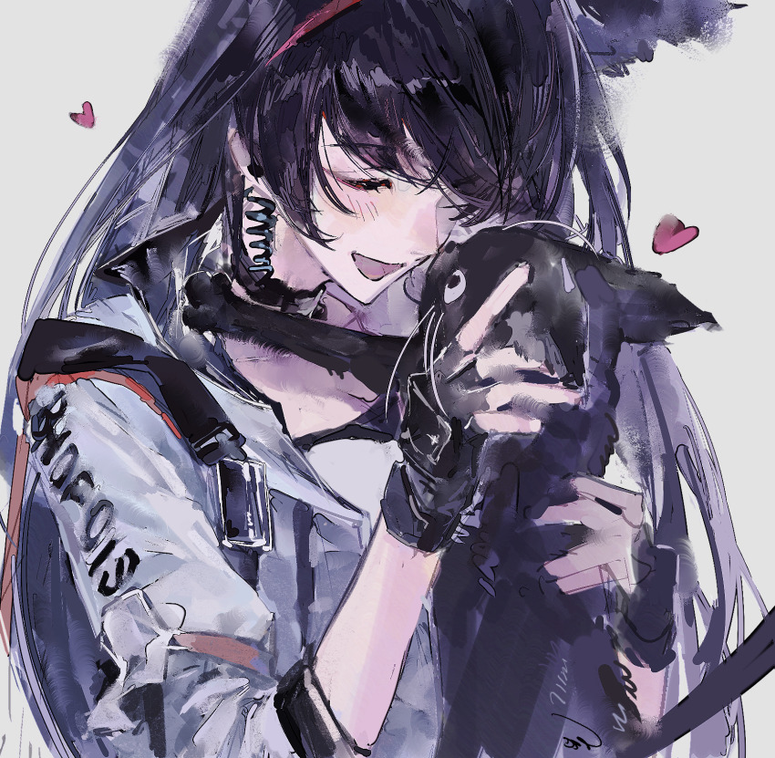 1girl, alariess, animal, arknights, black_cat, black_choker, black_gloves, black_hair
