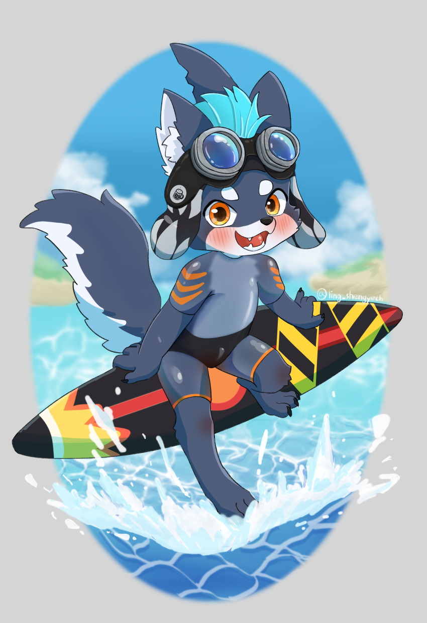 1boy, absurdres, animal_ear_fluff, animal_ears, barefoot, black_male_swimwear, blue_hair, blush, brewster_(garmr)_(dislyte), claws, commentary, dislyte, animal_nose, english_commentary, fangs, furry, furry_male, grey_fur, highres, ling_ling_shengye, looking_at_viewer, male_focus, male_swimwear, open_mouth, orange_eyes, shota, sitting, smile, surfboard, tail, topless_male, wolf_boy, wolf_ears, wolf_tail