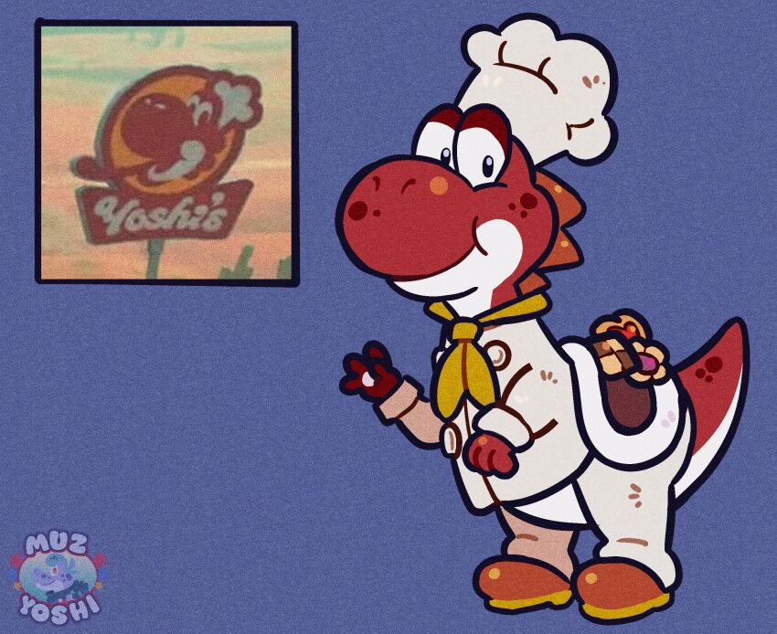 1other, ascot, blue_background, chef, chef_hat, cookie, food, full_body