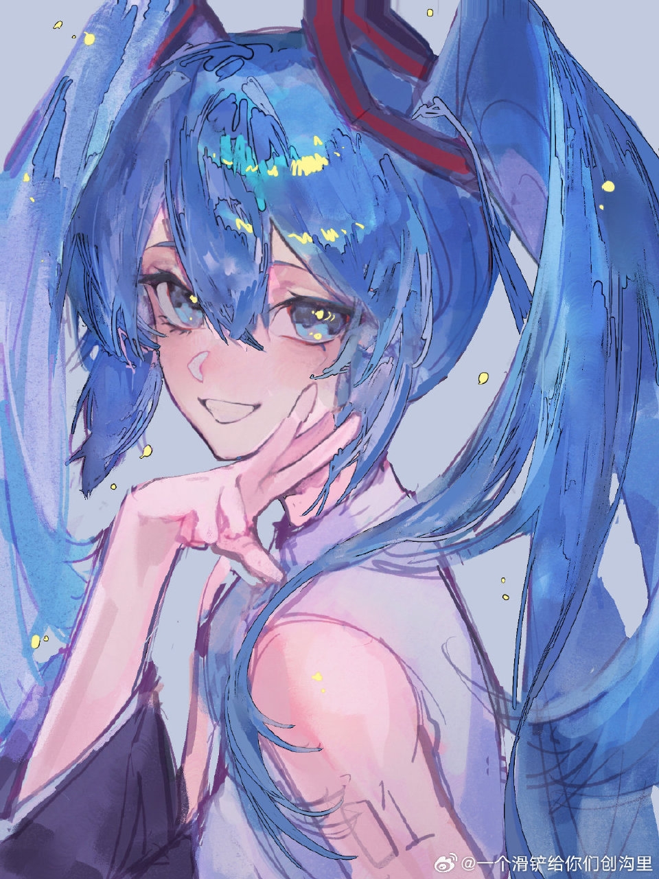 1girl, alariess, black_sleeves, blue_eyes, blue_hair, detached_sleeves, grey_background, grin