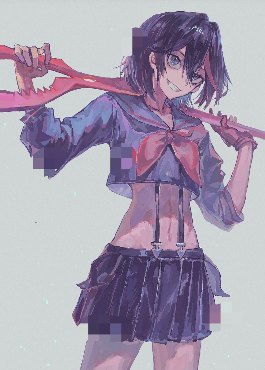 1girl, alariess, black_eyes, black_hair, black_shirt, black_skirt, cowboy_shot, crop_top