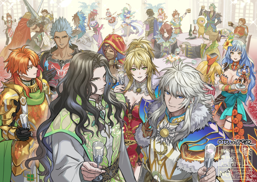 armor, bear_(romancing_saga_2), black_hair, blonde_hair, blue_eyes, blue_hair, breasts, brown_hair