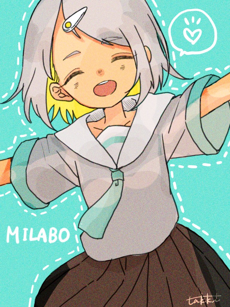 1girl, aqua_background, black_skirt, blonde_hair, closed_eyes, colored_inner_hair, green_necktie, green_trim