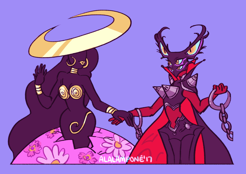 2girls, al_(alalampone), astarte_(persona_5), chain, chain_leash, earrings, extra_eyes, hecate_(persona_5), holding, holding_hands, holding_leash, hoop_earrings, jewelry, leash, long_hair, multiple_girls, persona, persona_5, purple_background, shoulder_spikes, signature, simple_background, spikes, very_long_hair