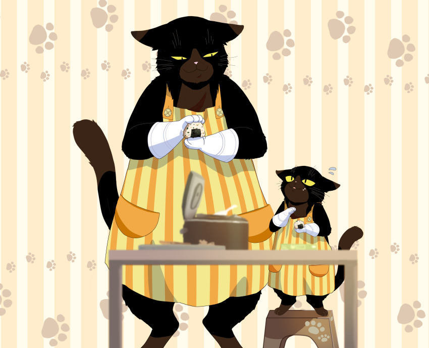 1boy, absurdres, aged_down, animal_ears, apron, black_fur, brown_fur, cat