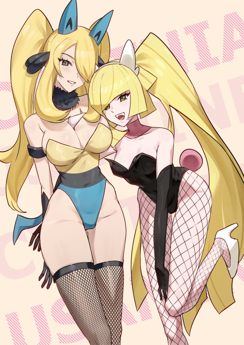 2girls, :d, alternate_hairstyle, animal_ears, bare_shoulders, black_gloves, black_leotard, blonde_hair, breasts, cleavage, cosplay, cynthia_(pokemon), elbow_gloves, fishnet_pantyhose, fishnet_thighhighs, fishnets, fur_collar, gen_4_pokemon, gloves, green_eyes, grey_eyes, grin, hair_ornament, hair_over_one_eye, hairband, highres, large_breasts, leaning_forward, leotard, long_hair, looking_at_viewer, lopunny, lopunny_(cosplay), lucario, lucario_(cosplay), lusamine_(pokemon), mature_female, medium_breasts, multicolored_leotard, multiple_girls, nintendo, nontraditional_playboy_bunny, open_mouth, pantyhose, parted_lips, pokemon, pokemon_diamond/pearl/platinum, pokemon_sun_and_moon, rabbit_tail, ryairyai, smile, standing, standing_on_one_leg, tail, thighhighs, twintails, two-tone_leotard, very_long_hair