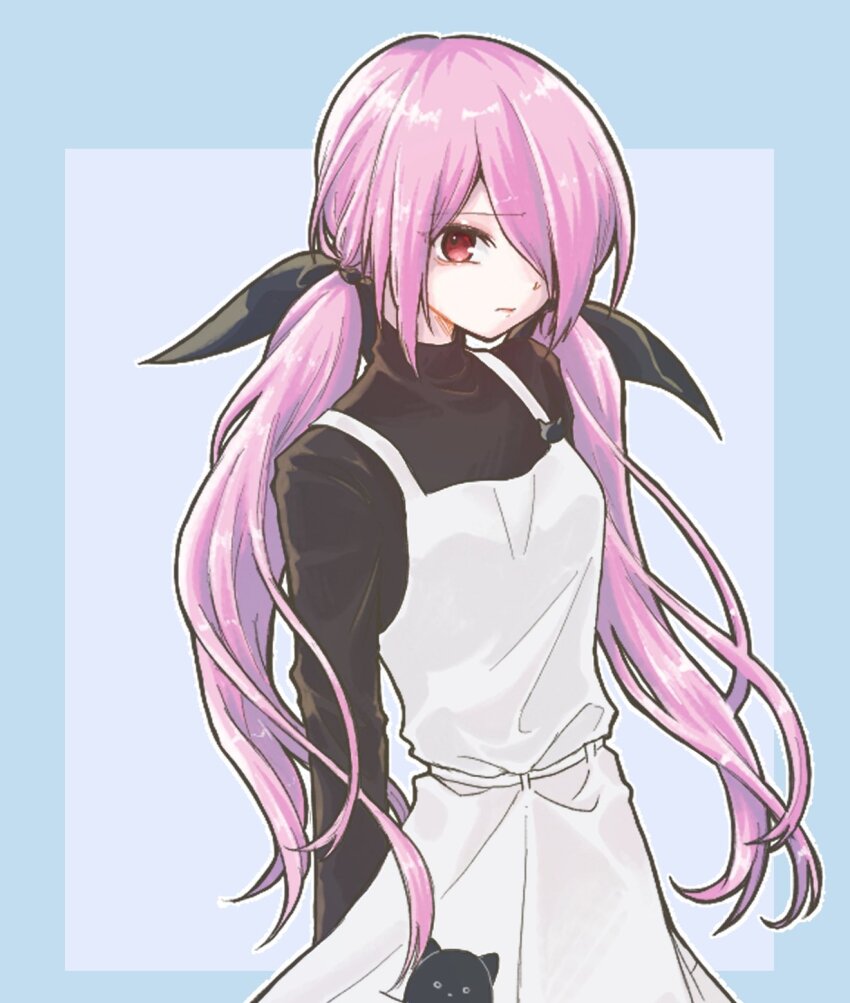 1girl, 70lio, :t, apron, black_ribbon, black_shirt, blush, bow