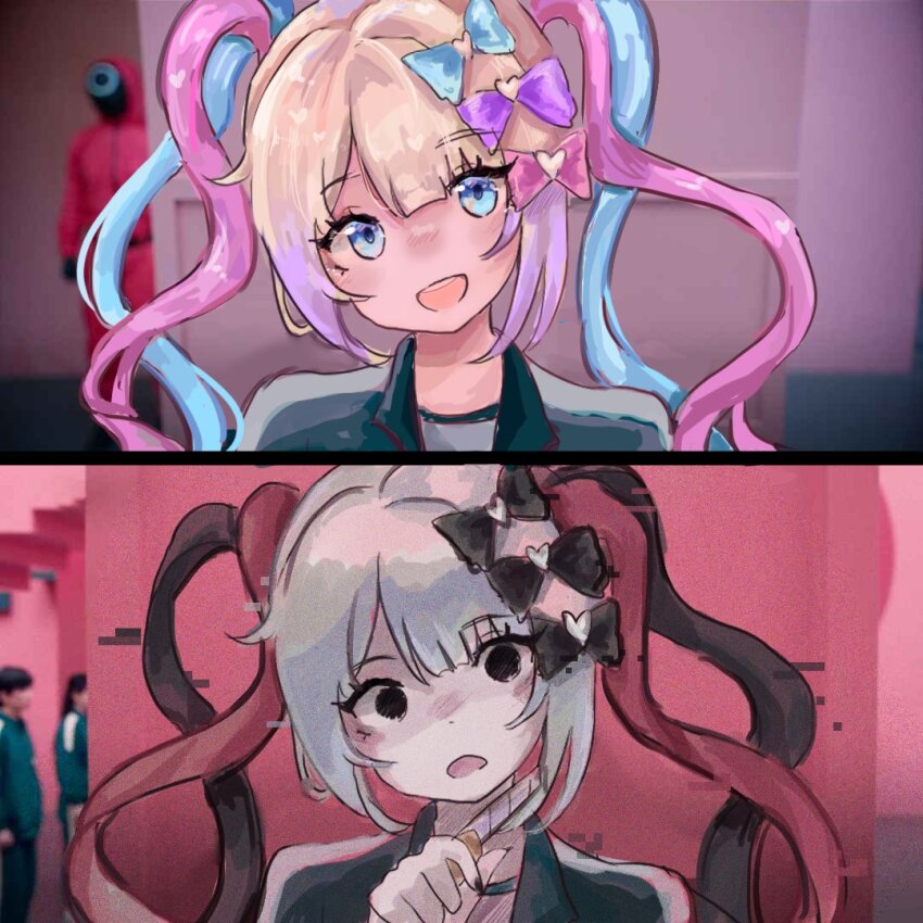 1girl, :d, akari_(akariimia), before_and_after, black_bow, black_eyes, black_hair, blonde_hair