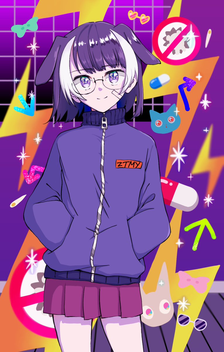 1girl, aca-ne_(zutomayo), animal_ears, arrow_(symbol), blue_jacket, colorful_background, cowboy_shot, dawn_opcr123