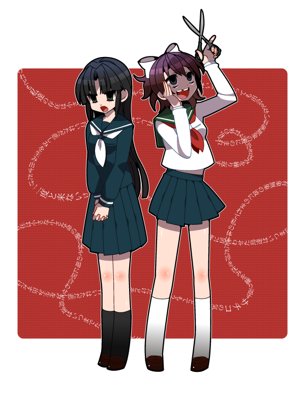 2girls, akaboshi_kokuhaku, bad_id, bad_pixiv_id, blush, body_blush, bow, corpse_party, crazy, empty_eyes, hair_bow, kirisaki_touko, missing_tooth, multiple_girls, osomatsu, osomatsu_(nanameno), ponytail, school_uniform, scissors, serafuku